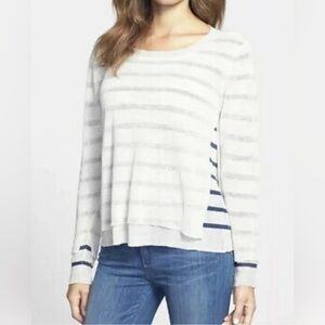 EILEEN FISHER Lg Coastal Linen Layered Stripe Nautical Asymmetrical Hem Sweater